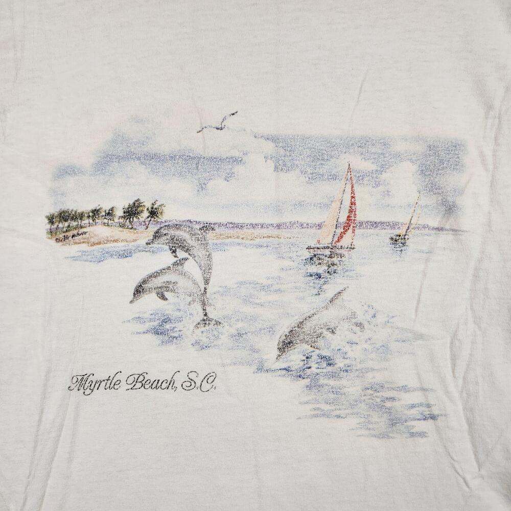 Vintage Myrtle Beach SC Shirt Mens XL White Dolphins Sailboat Ocean Y2K 90s Fade